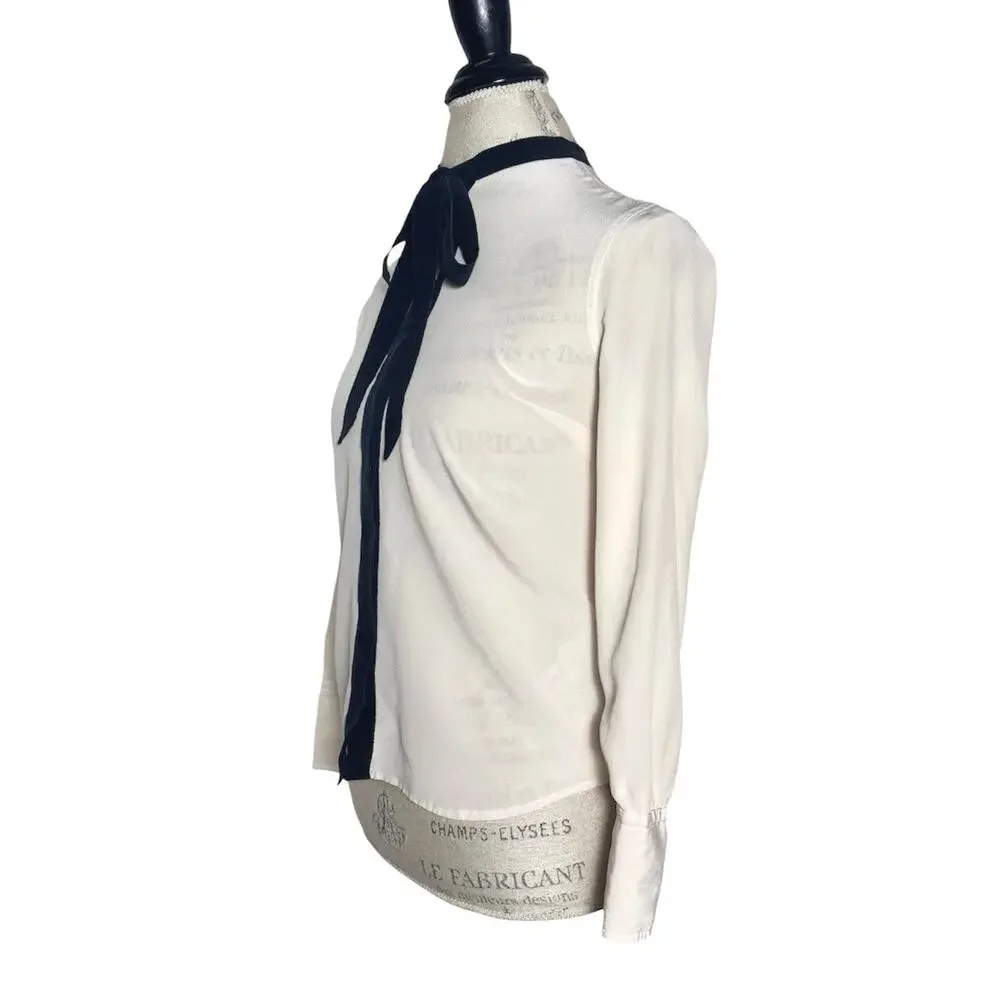 J. Crew | Women | 100% Silk Drape Collarless Bow Tie Button Up Blouse | Size 00